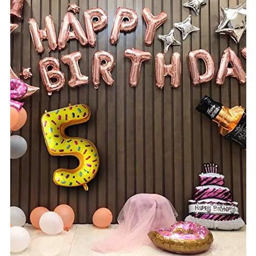 Balon din Folie Metalizata Flippy, Figurina Cifra, Imprimeu Gogosi, Tema Aniversare 100 cm, Ambalaj Individual, Pai inclus, Umflare cu Aer sau Heliu, Multicolor, Cifra 5 [3]