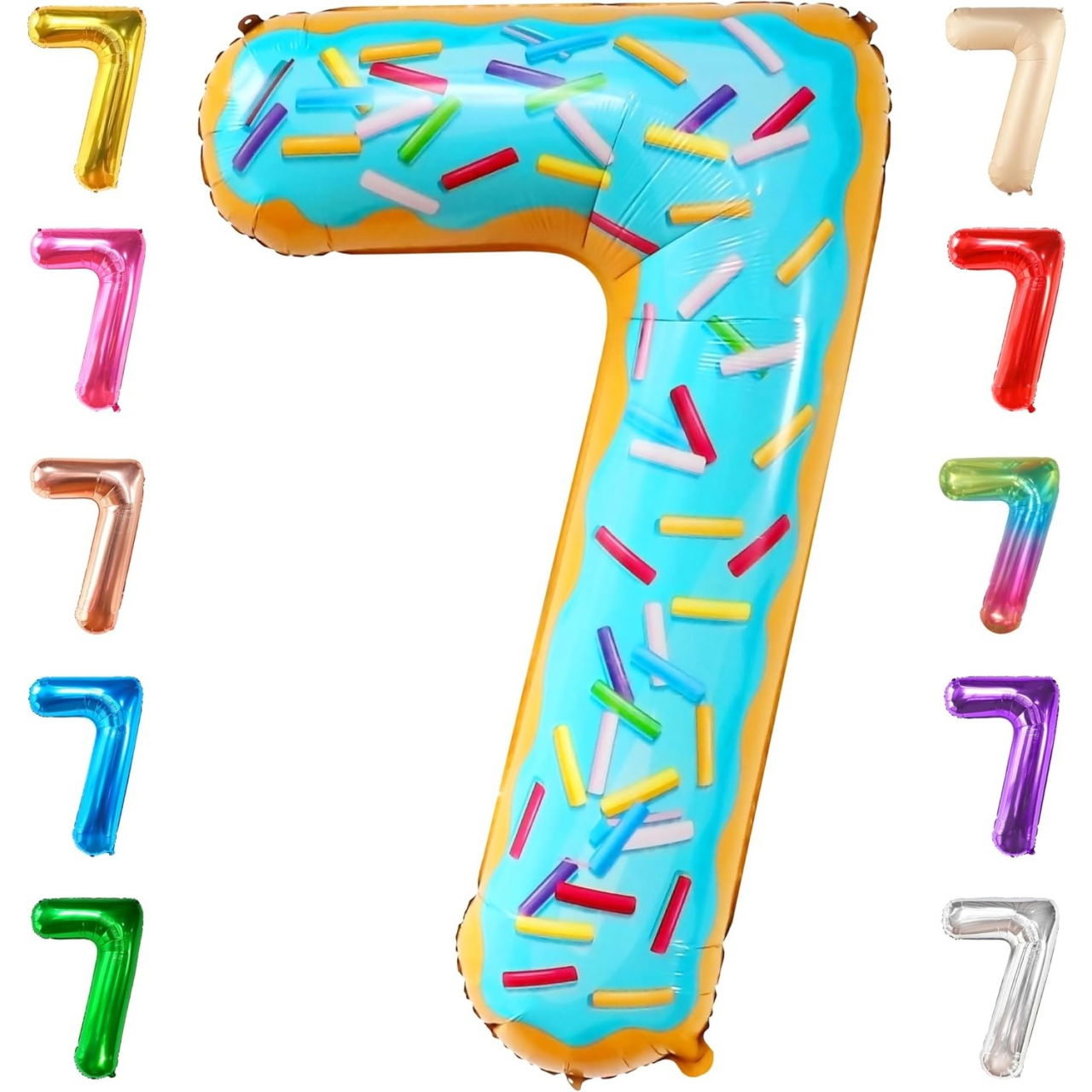 Balon din Folie Metalizata Flippy, Figurina Cifra, Imprimeu Gogosi, Tema Aniversare 100 cm, Ambalaj Individual, Pai inclus, Umflare cu Aer sau Heliu, Multicolor, Cifra 7 [6]