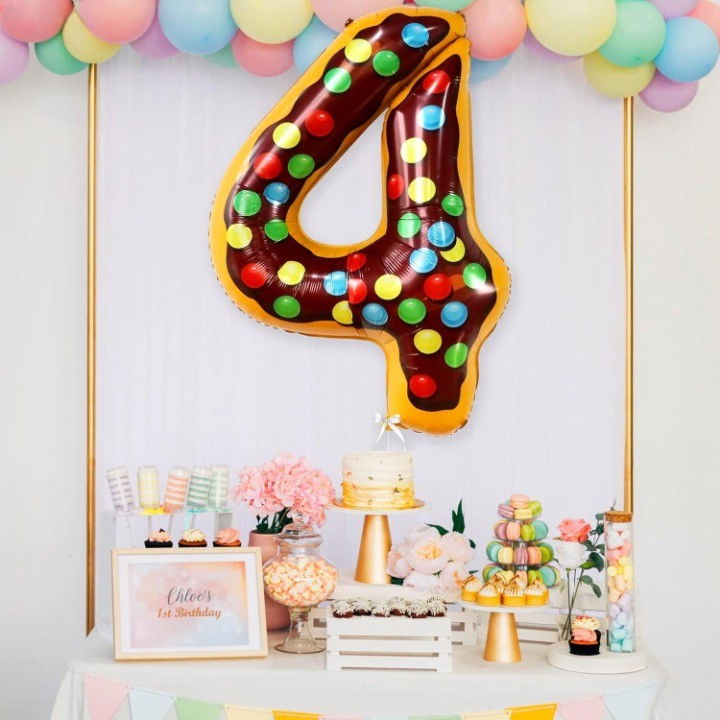 Balon din Folie Metalizata Flippy, Figurina Cifra, Imprimeu Gogosi, Tema Aniversare 100 cm, Ambalaj Individual, Pai inclus, Umflare cu Aer sau Heliu, Multicolor, Cifra 4 [4]