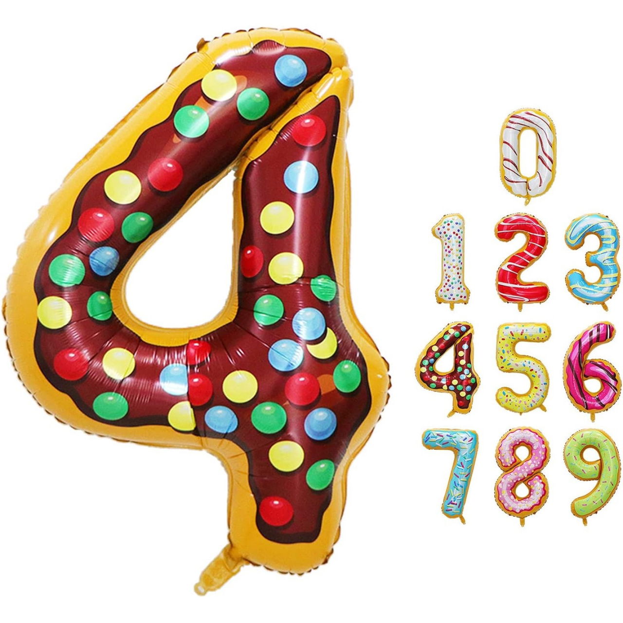 Balon din Folie Metalizata Flippy, Figurina Cifra, Imprimeu Gogosi, Tema Aniversare 100 cm, Ambalaj Individual, Pai inclus, Umflare cu Aer sau Heliu, Multicolor, Cifra 4 [13]