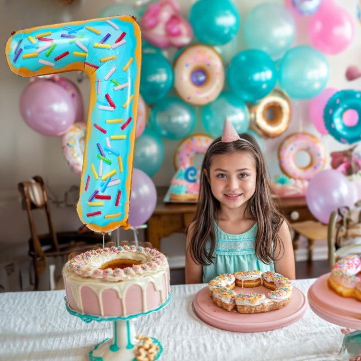 Balon din Folie Metalizata Flippy, Figurina Cifra, Imprimeu Gogosi, Tema Aniversare 100 cm, Ambalaj Individual, Pai inclus, Umflare cu Aer sau Heliu, Multicolor, Cifra 7 [5]