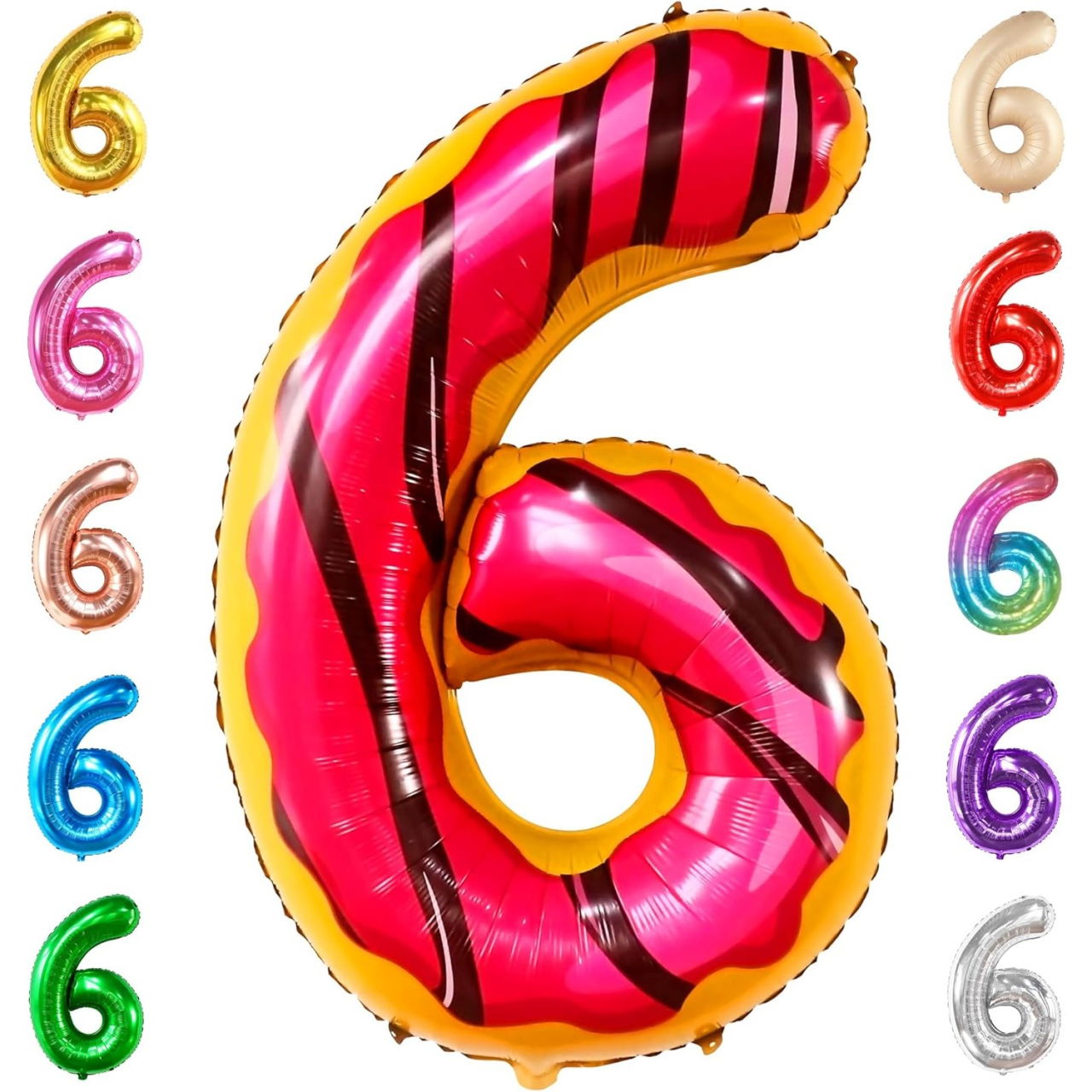 Balon din Folie Metalizata Flippy, Figurina Cifra, Imprimeu Gogosi, Tema Aniversare 100 cm, Ambalaj Individual, Pai inclus, Umflare cu Aer sau Heliu, Multicolor, Cifra 6 [5]