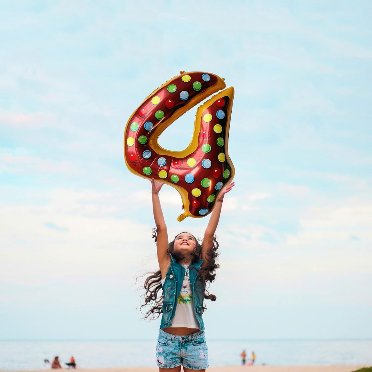 Balon din Folie Metalizata Flippy, Figurina Cifra, Imprimeu Gogosi, Tema Aniversare 100 cm, Ambalaj Individual, Pai inclus, Umflare cu Aer sau Heliu, Multicolor, Cifra 4 [10]