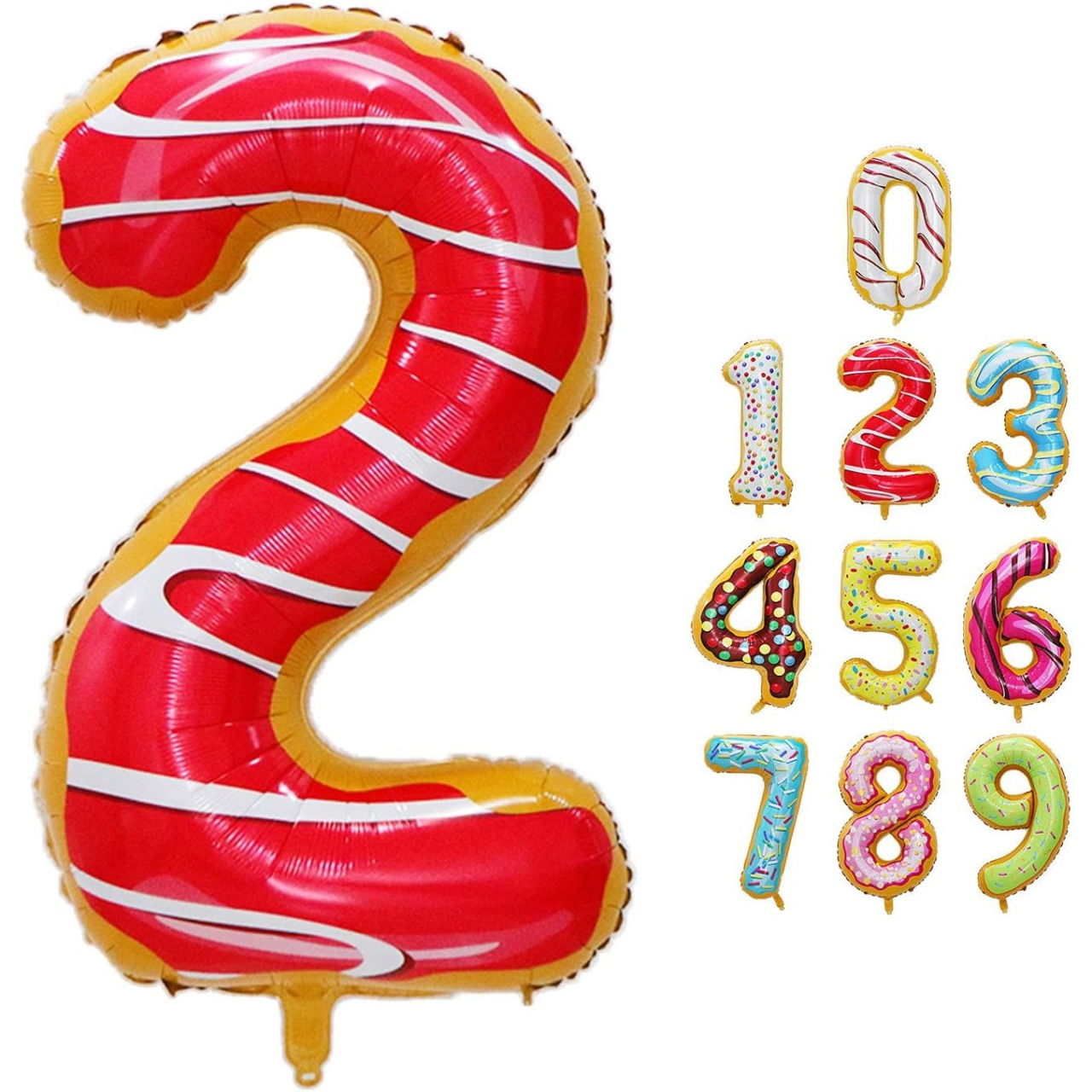 Balon din Folie Metalizata Flippy, Figurina Cifra, Imprimeu Gogosi, Tema Aniversare 100 cm, Ambalaj Individual, Pai inclus, Umflare cu Aer sau Heliu, Multicolor, Cifra 2 [7]