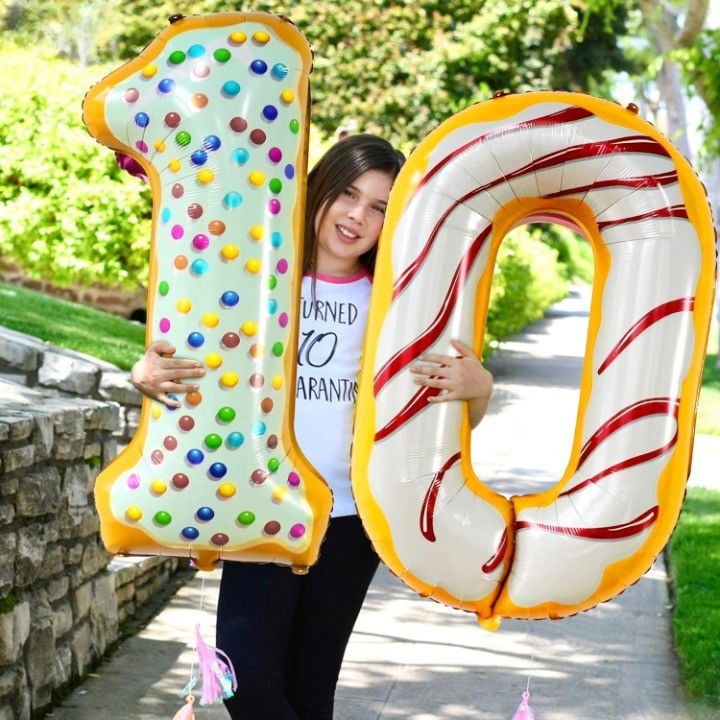 Balon din Folie Metalizata Flippy, Figurina Cifra, Imprimeu Gogosi, Tema Aniversare 100 cm, Ambalaj Individual, Pai inclus, Umflare cu Aer sau Heliu, Multicolor, Cifra 0 [4]