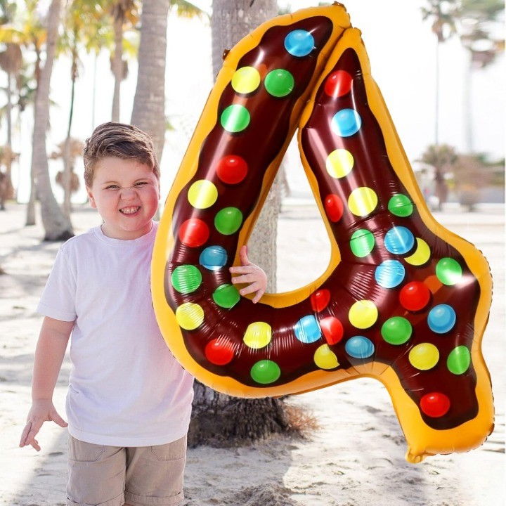 Balon din Folie Metalizata Flippy, Figurina Cifra, Imprimeu Gogosi, Tema Aniversare 100 cm, Ambalaj Individual, Pai inclus, Umflare cu Aer sau Heliu, Multicolor, Cifra 4 [6]