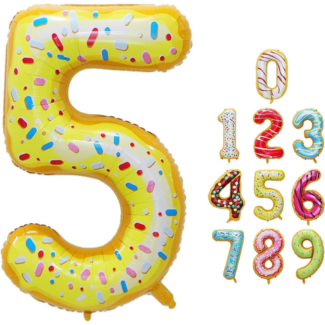 Balon din Folie Metalizata Flippy, Figurina Cifra, Imprimeu Gogosi, Tema Aniversare 100 cm, Ambalaj Individual, Pai inclus, Umflare cu Aer sau Heliu, Multicolor, Cifra 5 [8]