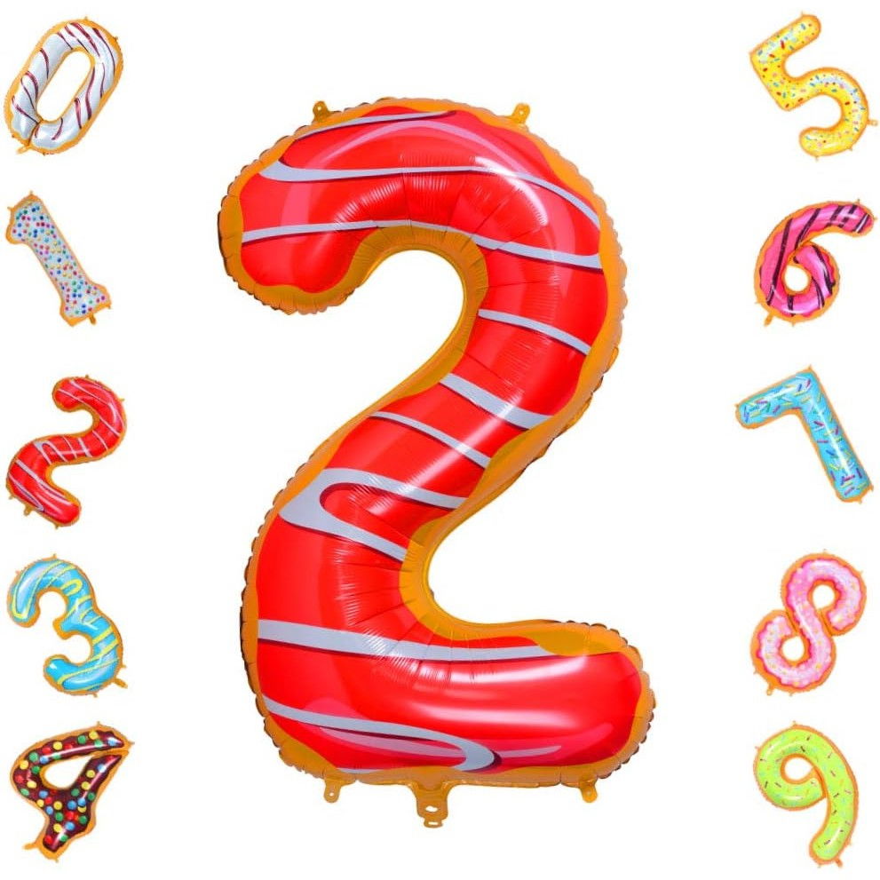 Balon din Folie Metalizata Flippy, Figurina Cifra, Imprimeu Gogosi, Tema Aniversare 100 cm, Ambalaj Individual, Pai inclus, Umflare cu Aer sau Heliu, Multicolor, Cifra 2 [9]