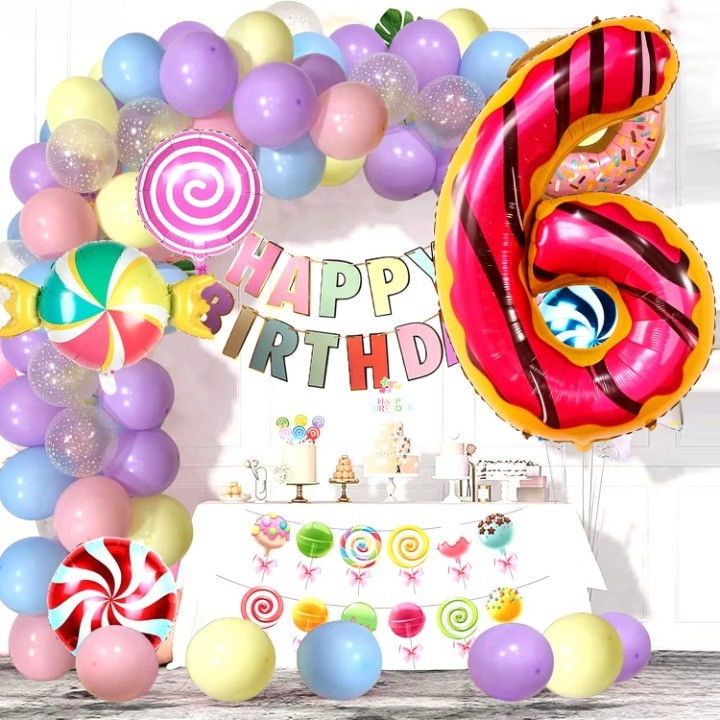 Balon din Folie Metalizata Flippy, Figurina Cifra, Imprimeu Gogosi, Tema Aniversare 100 cm, Ambalaj Individual, Pai inclus, Umflare cu Aer sau Heliu, Multicolor, Cifra 6 [3]