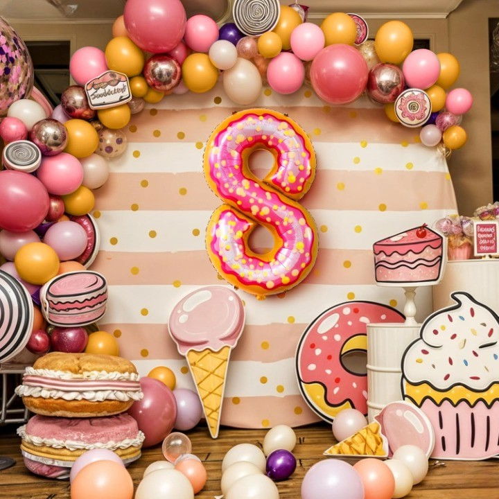 Balon din Folie Metalizata Flippy, Figurina Cifra, Imprimeu Gogosi, Tema Aniversare 100 cm, Ambalaj Individual, Pai inclus, Umflare cu Aer sau Heliu, Multicolor, Cifra 8 [4]