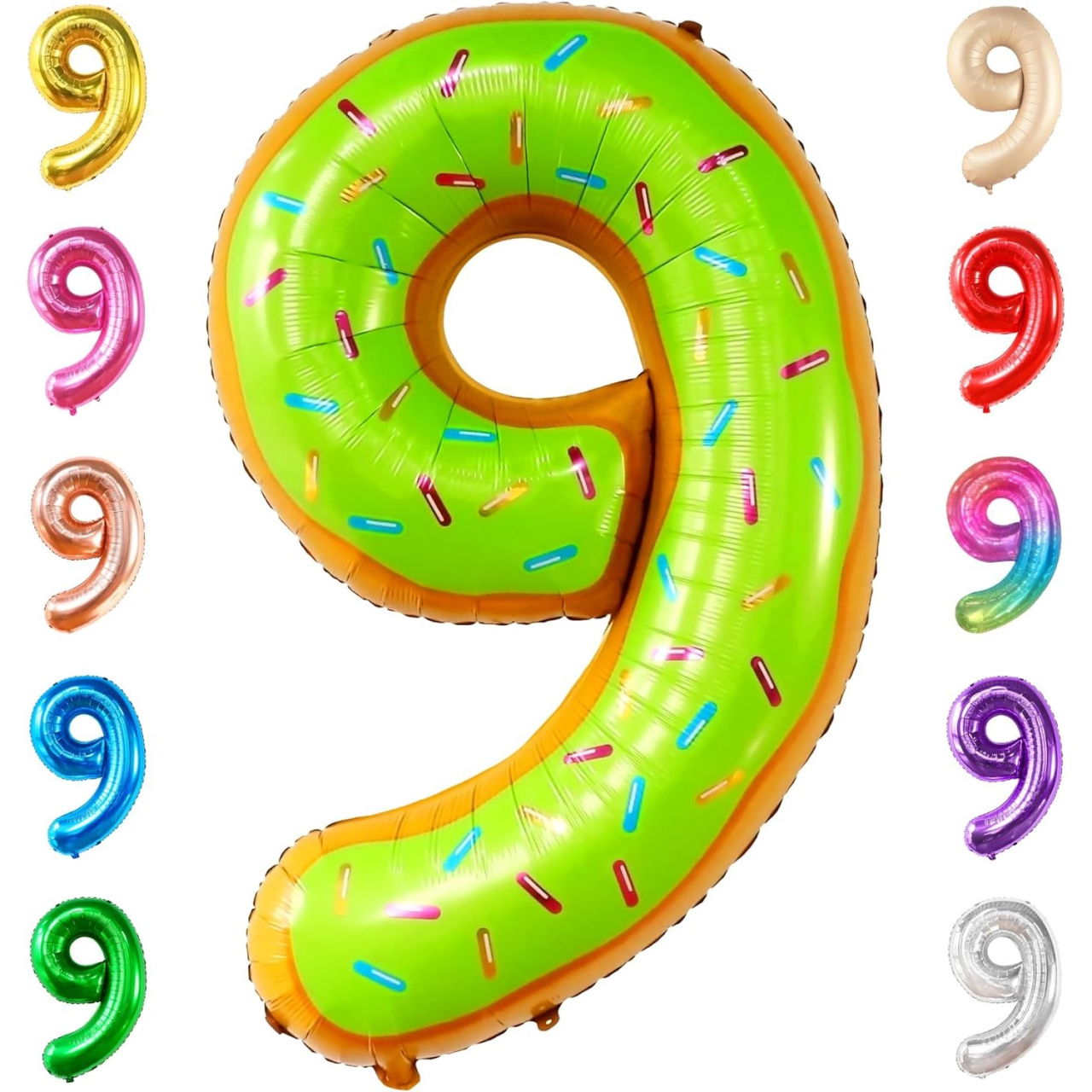 Balon din Folie Metalizata Flippy, Figurina Cifra, Imprimeu Gogosi, Tema Aniversare 100 cm, Ambalaj Individual, Pai inclus, Umflare cu Aer sau Heliu, Multicolor, Cifra 9 [5]