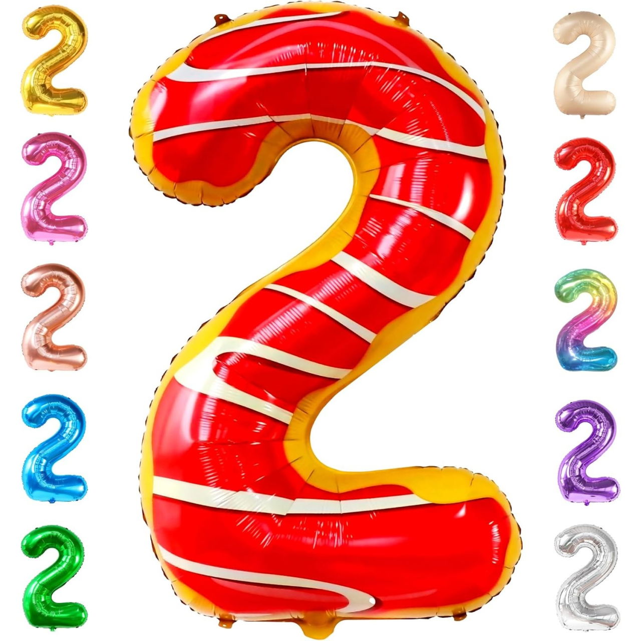 Balon din Folie Metalizata Flippy, Figurina Cifra, Imprimeu Gogosi, Tema Aniversare 100 cm, Ambalaj Individual, Pai inclus, Umflare cu Aer sau Heliu, Multicolor, Cifra 2 [6]