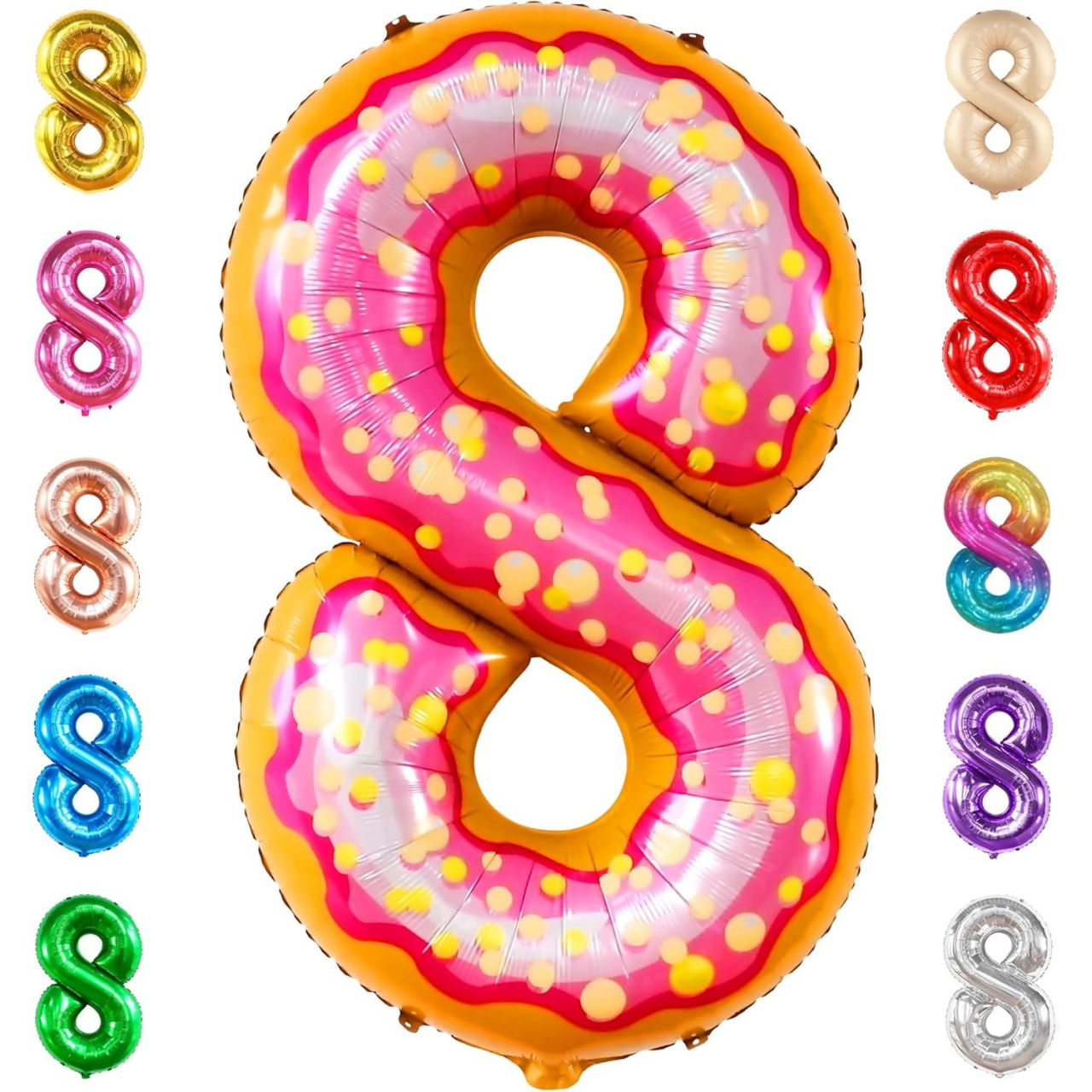 Balon din Folie Metalizata Flippy, Figurina Cifra, Imprimeu Gogosi, Tema Aniversare 100 cm, Ambalaj Individual, Pai inclus, Umflare cu Aer sau Heliu, Multicolor, Cifra 8 [5]