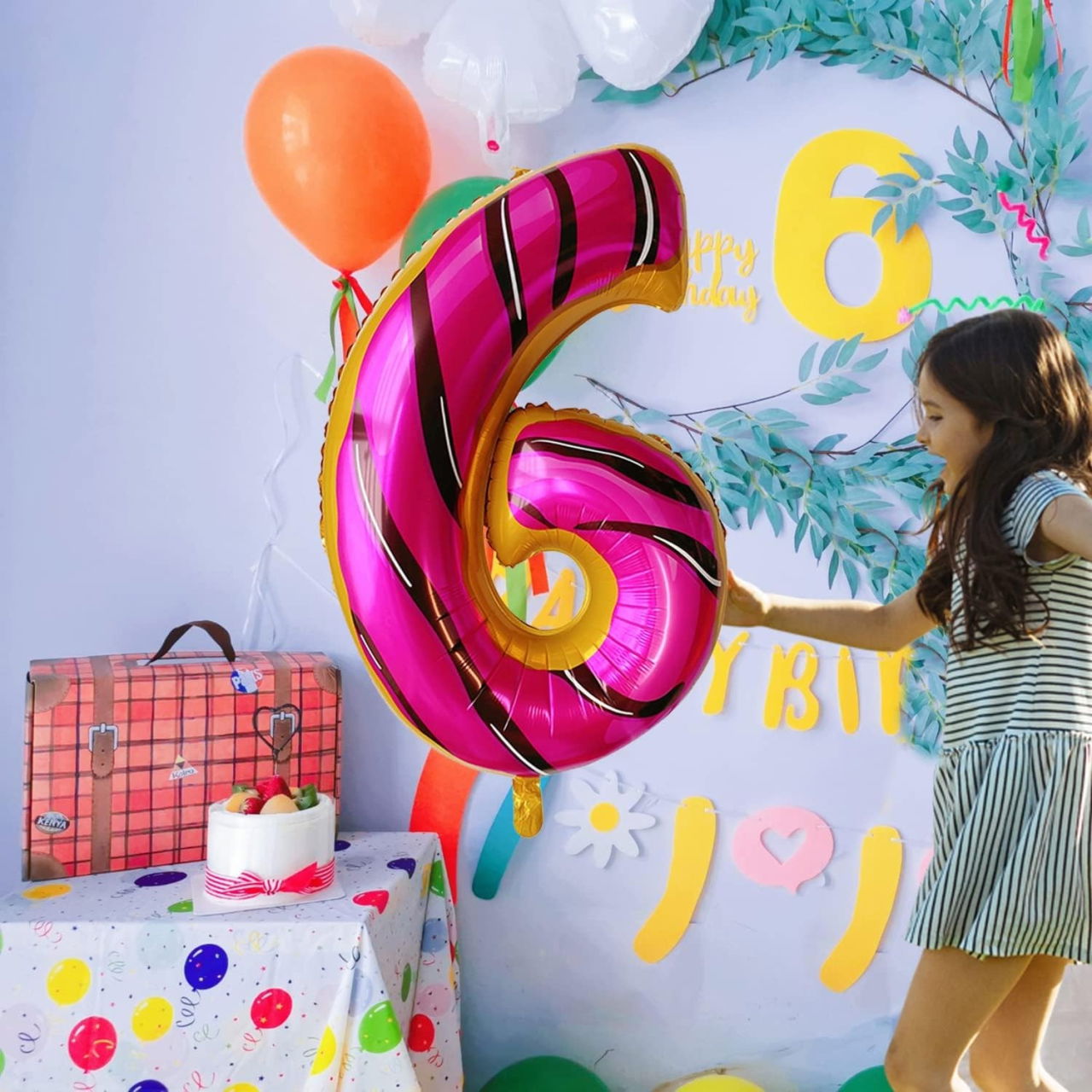 Balon din Folie Metalizata Flippy, Figurina Cifra, Imprimeu Gogosi, Tema Aniversare 100 cm, Ambalaj Individual, Pai inclus, Umflare cu Aer sau Heliu, Multicolor, Cifra 6 [9]