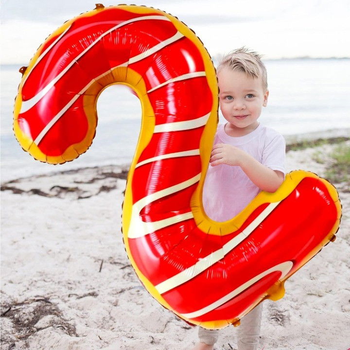 Balon din Folie Metalizata Flippy, Figurina Cifra, Imprimeu Gogosi, Tema Aniversare 100 cm, Ambalaj Individual, Pai inclus, Umflare cu Aer sau Heliu, Multicolor, Cifra 2 [5]