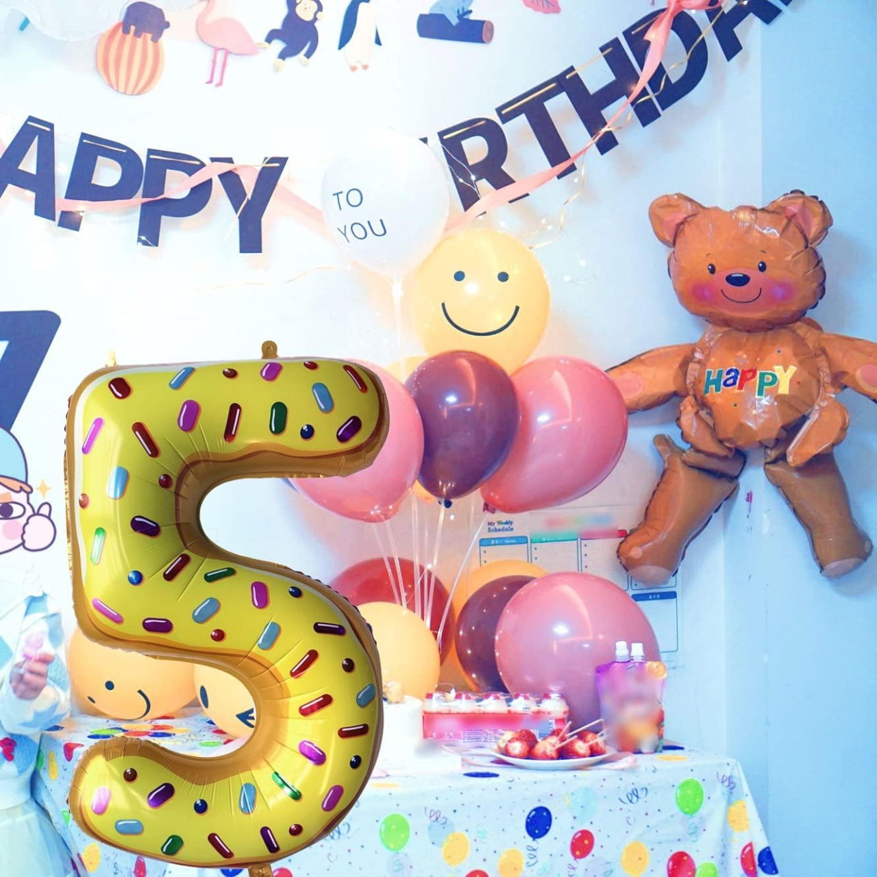 Balon din Folie Metalizata Flippy, Figurina Cifra, Imprimeu Gogosi, Tema Aniversare 100 cm, Ambalaj Individual, Pai inclus, Umflare cu Aer sau Heliu, Multicolor, Cifra 5 [4]