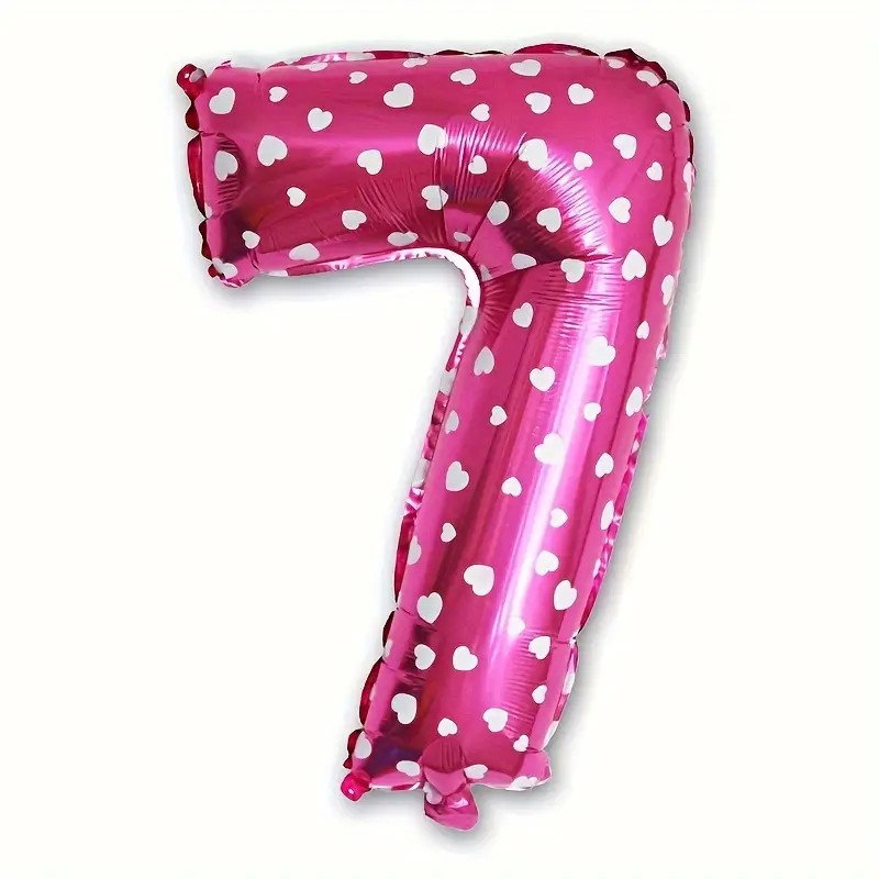 Balon din Folie Metalizata Flippy, Figurina Cifra, Imprimeu Inimi, Tema Aniversare 80 cm, Ambalaj Individual, Pai inclus, Umflare cu Aer sau Heliu, Roz, Cifra 7 [3]