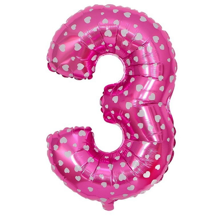 Balon din Folie Metalizata Flippy, Figurina Cifra, Imprimeu Inimi, Tema Aniversare 80 cm, Ambalaj Individual, Pai inclus, Umflare cu Aer sau Heliu, Roz, Cifra 3 [2]