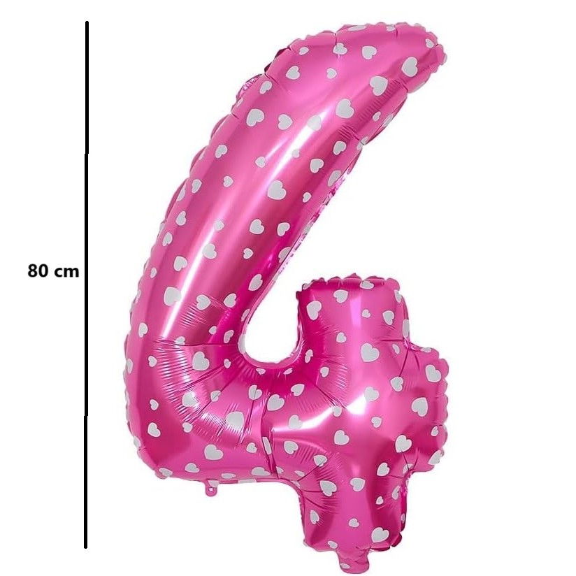Balon din Folie Metalizata Flippy, Figurina Cifra, Imprimeu Inimi, Tema Aniversare 80 cm, Ambalaj Individual, Pai inclus, Umflare cu Aer sau Heliu, Roz, Cifra 4 [2]