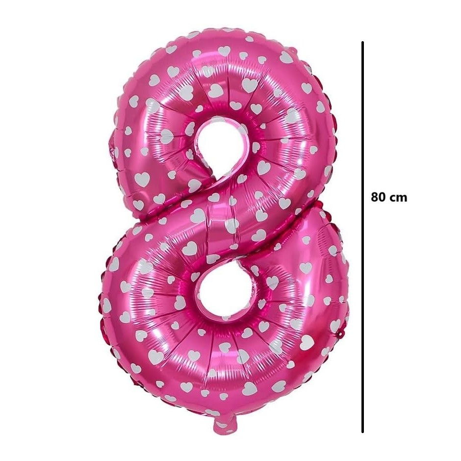 Balon din Folie Metalizata Flippy, Figurina Cifra, Imprimeu Inimi, Tema Aniversare 80 cm, Ambalaj Individual, Pai inclus, Umflare cu Aer sau Heliu, Roz, Cifra 8 [2]