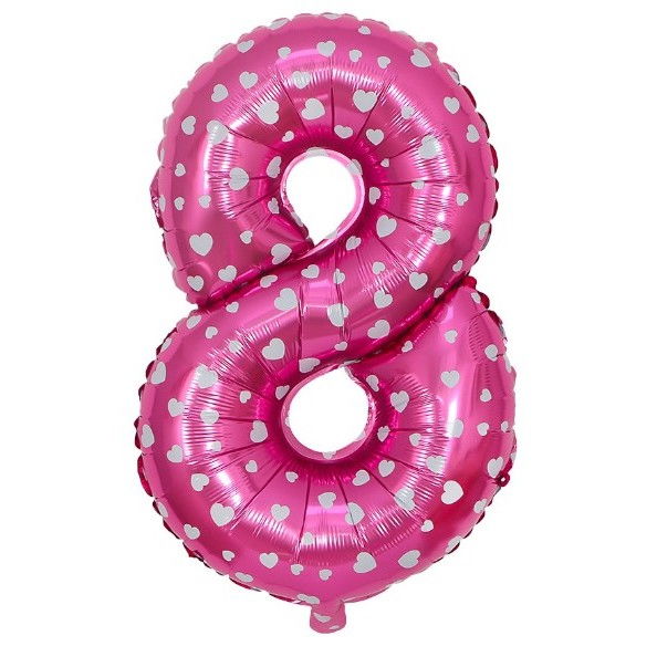 Balon din Folie Metalizata Flippy, Figurina Cifra, Imprimeu Inimi, Tema Aniversare 80 cm, Ambalaj Individual, Pai inclus, Umflare cu Aer sau Heliu, Roz, Cifra 8 [1]