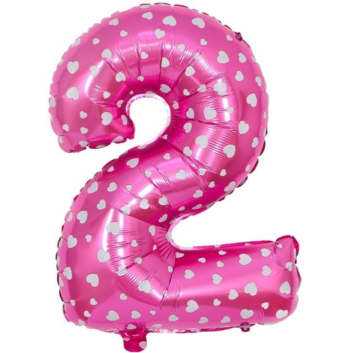 Balon din Folie Metalizata Flippy, Figurina Cifra, Imprimeu Inimi, Tema Aniversare 80 cm, Ambalaj Individual, Pai inclus, Umflare cu Aer sau Heliu, Roz, Cifra 2 [2]
