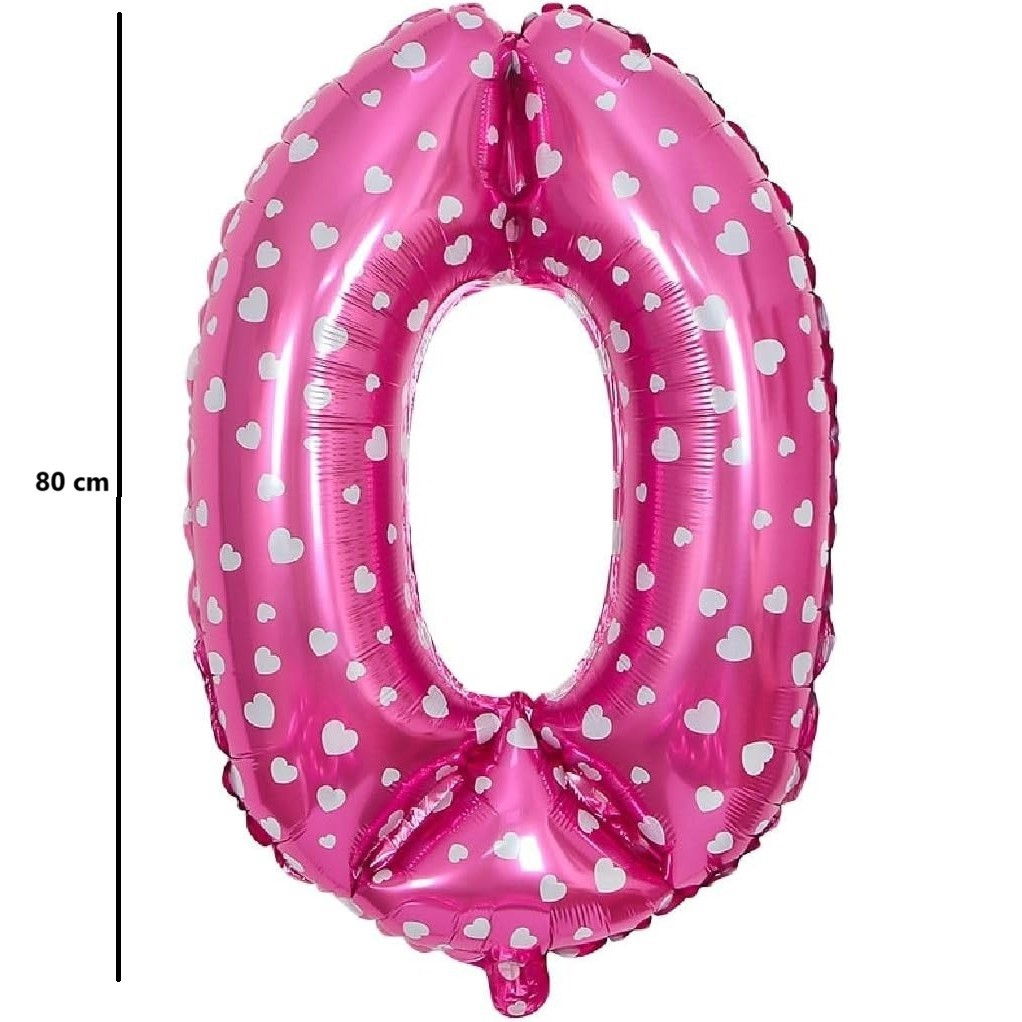 Balon din Folie Metalizata Flippy, Figurina Cifra, Imprimeu Inimi, Tema Aniversare 80 cm, Ambalaj Individual, Pai inclus, Umflare cu Aer sau Heliu, Roz, Cifra 0 [4]