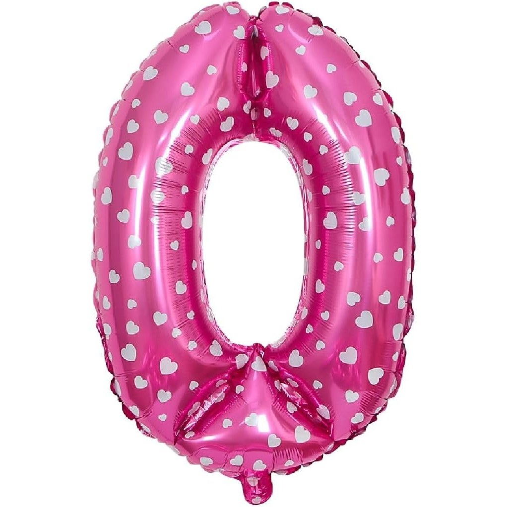 Balon din Folie Metalizata Flippy, Figurina Cifra, Imprimeu Inimi, Tema Aniversare 80 cm, Ambalaj Individual, Pai inclus, Umflare cu Aer sau Heliu, Roz, Cifra 0 [3]
