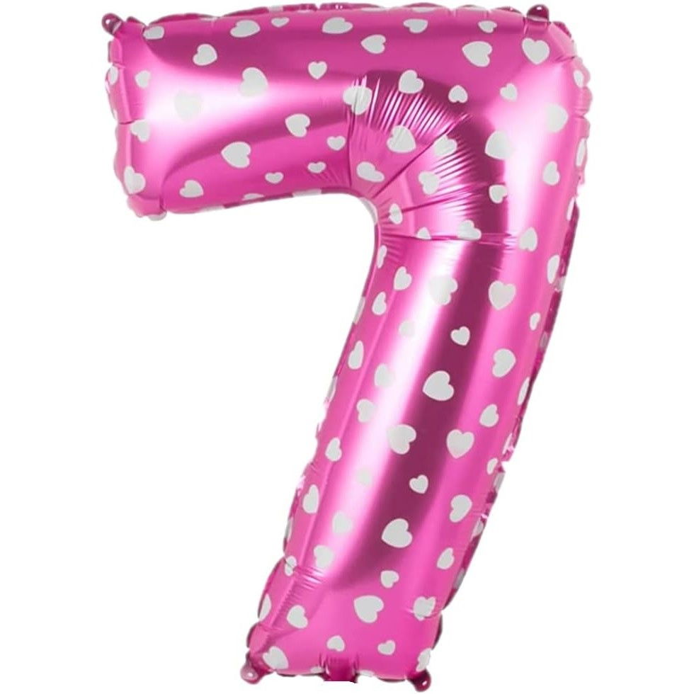 Balon din Folie Metalizata Flippy, Figurina Cifra, Imprimeu Inimi, Tema Aniversare 80 cm, Ambalaj Individual, Pai inclus, Umflare cu Aer sau Heliu, Roz, Cifra 7 [4]