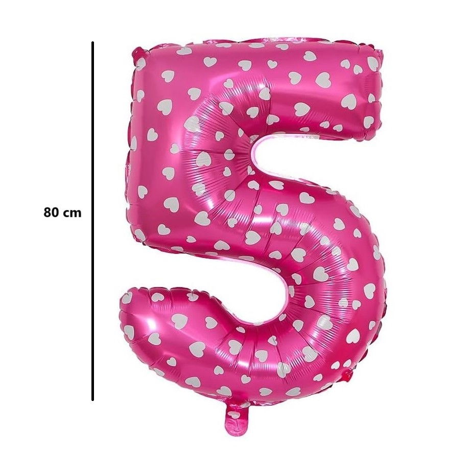 Balon din Folie Metalizata Flippy, Figurina Cifra, Imprimeu Inimi, Tema Aniversare 80 cm, Ambalaj Individual, Pai inclus, Umflare cu Aer sau Heliu, Roz, Cifra 5 [2]