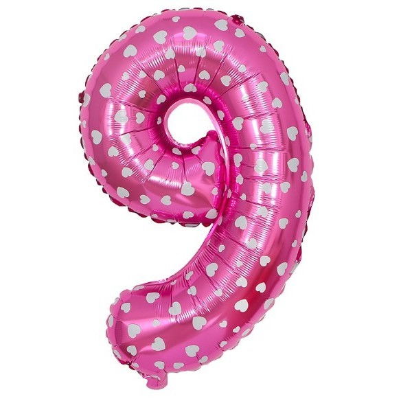 Balon din Folie Metalizata Flippy, Figurina Cifra, Imprimeu Inimi, Tema Aniversare 80 cm, Ambalaj Individual, Pai inclus, Umflare cu Aer sau Heliu, Roz, Cifra 9 [3]