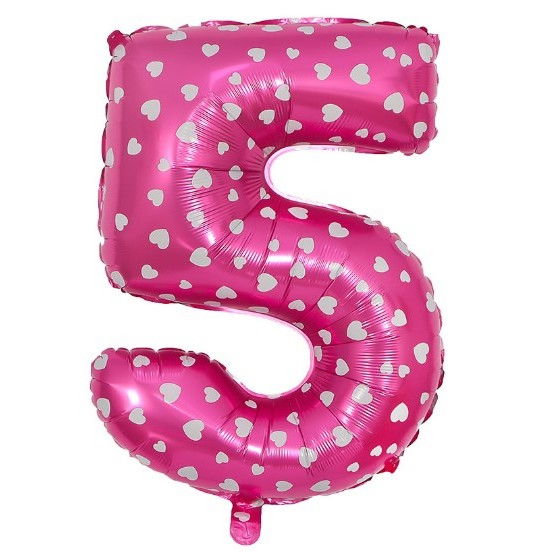 Balon din Folie Metalizata Flippy, Figurina Cifra, Imprimeu Inimi, Tema Aniversare 80 cm, Ambalaj Individual, Pai inclus, Umflare cu Aer sau Heliu, Roz, Cifra 5 [5]