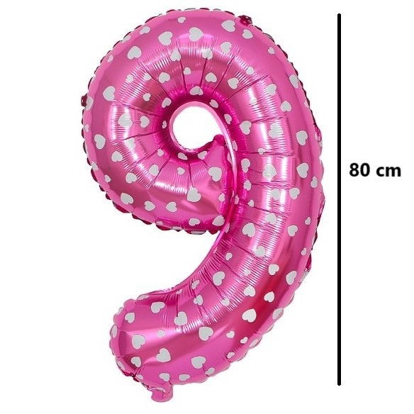 Balon din Folie Metalizata Flippy, Figurina Cifra, Imprimeu Inimi, Tema Aniversare 80 cm, Ambalaj Individual, Pai inclus, Umflare cu Aer sau Heliu, Roz, Cifra 9 [2]