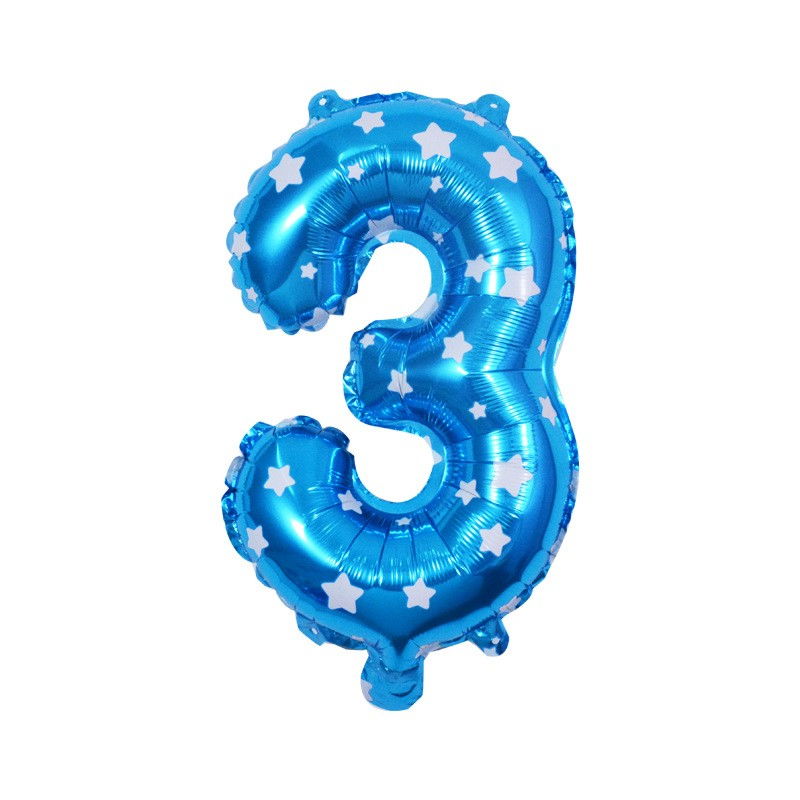 Balon din Folie Metalizata Flippy, Figurina Cifra, Imprimeu Stele, Tema Aniversare 80 cm, Ambalaj Individual, Pai inclus, Umflare cu Aer sau Heliu, Albastru, Cifra 3 [1]