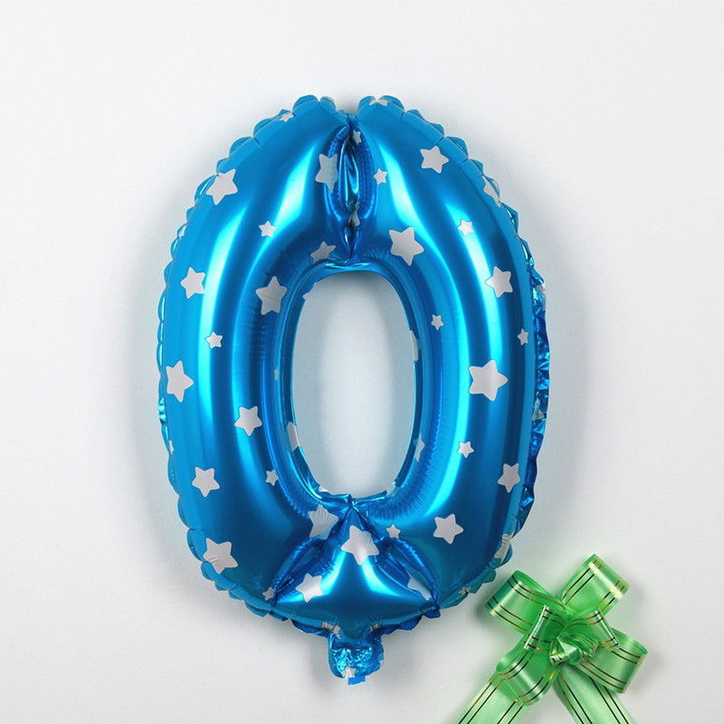 Balon din Folie Metalizata Flippy, Figurina Cifra, Imprimeu Stele, Tema Aniversare 80 cm, Ambalaj Individual, Pai inclus, Umflare cu Aer sau Heliu, Albastru, Cifra 0 [3]