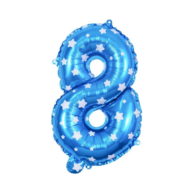 Balon din Folie Metalizata Flippy, Figurina Cifra, Imprimeu Stele, Tema Aniversare 80 cm, Ambalaj Individual, Pai inclus, Umflare cu Aer sau Heliu, Albastru, Cifra 8 [2]