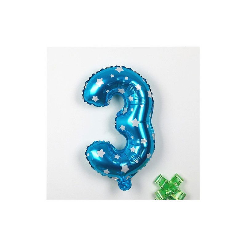 Balon din Folie Metalizata Flippy, Figurina Cifra, Imprimeu Stele, Tema Aniversare 80 cm, Ambalaj Individual, Pai inclus, Umflare cu Aer sau Heliu, Albastru, Cifra 3 [2]