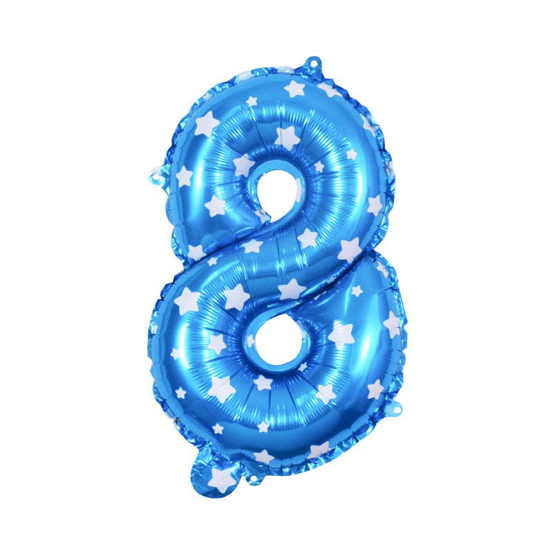 Balon din Folie Metalizata Flippy, Figurina Cifra, Imprimeu Stele, Tema Aniversare 80 cm, Ambalaj Individual, Pai inclus, Umflare cu Aer sau Heliu, Albastru, Cifra 8 [1]