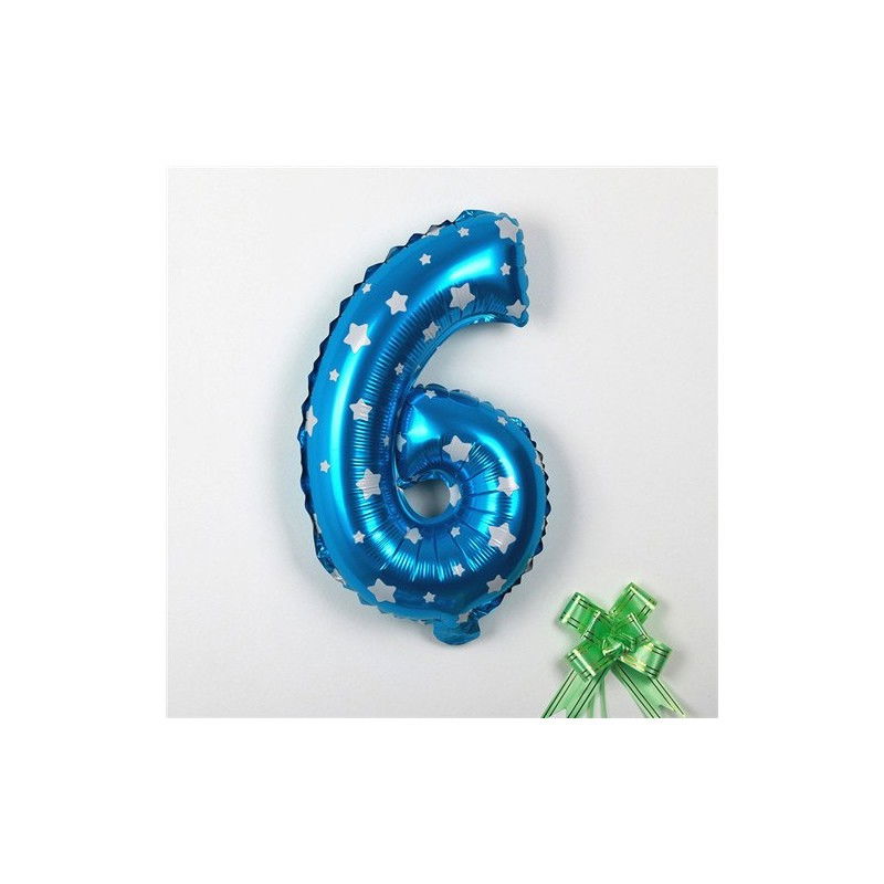 Balon din Folie Metalizata Flippy, Figurina Cifra, Imprimeu Stele, Tema Aniversare 80 cm, Ambalaj Individual, Pai inclus, Umflare cu Aer sau Heliu, Albastru, Cifra 6 [2]