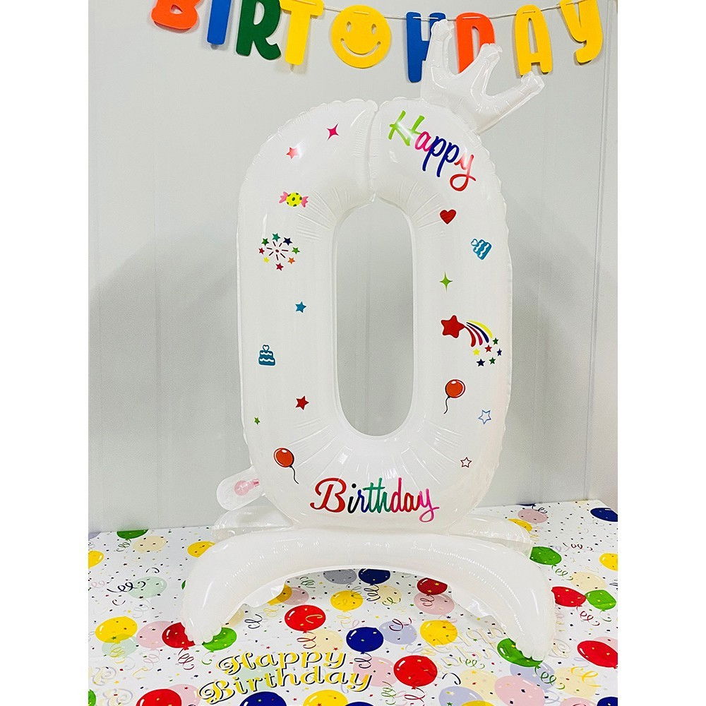 Balon din Folie Metalizata, Flippy, Figurina Cifra, Model 0 cu Happy Birthday Scris, Tema Aniversare 81 cm, Ambalaj Individual, Pai Inclus, Umflare cu Aer sau Heliu, Alb [2]