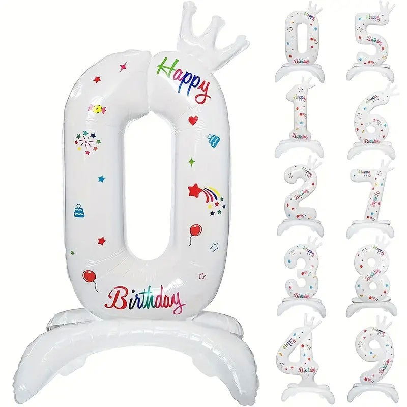 Balon din Folie Metalizata, Flippy, Figurina Cifra, Model 0 cu Happy Birthday Scris, Tema Aniversare 81 cm, Ambalaj Individual, Pai Inclus, Umflare cu Aer sau Heliu, Alb [1]
