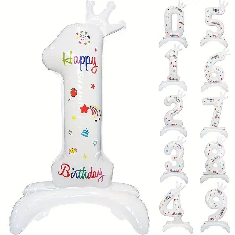 Balon din Folie Metalizata, Flippy, Figurina Cifra, Model 1 cu Happy Birthday Scris, Tema Aniversare 81 cm, Ambalaj Individual, Pai Inclus, Umflare cu Aer sau Heliu, Alb [1]