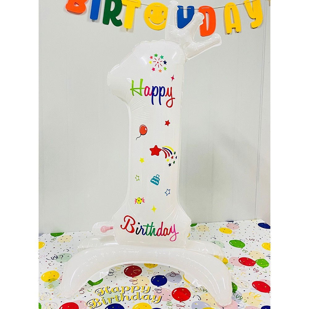Balon din Folie Metalizata, Flippy, Figurina Cifra, Model 1 cu Happy Birthday Scris, Tema Aniversare 81 cm, Ambalaj Individual, Pai Inclus, Umflare cu Aer sau Heliu, Alb [2]