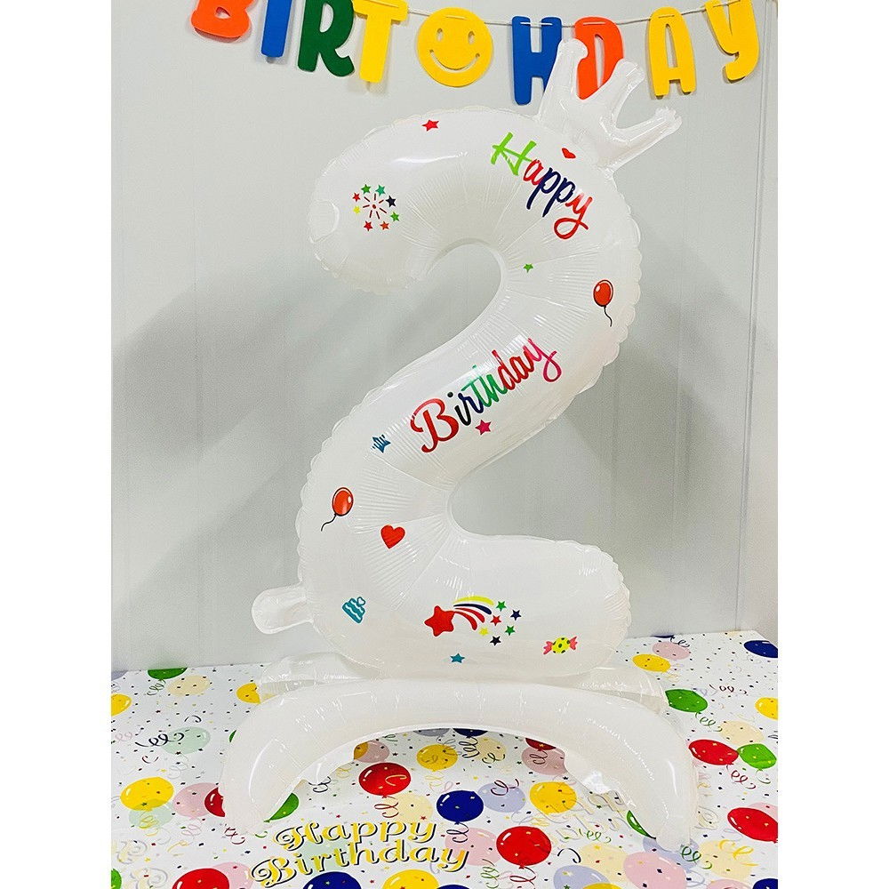 Balon din Folie Metalizata, Flippy, Figurina Cifra, Model 2 cu Happy Birthday Scris, Tema Aniversare 81 cm, Ambalaj Individual, Pai Inclus, Umflare cu Aer sau Heliu, Alb [2]