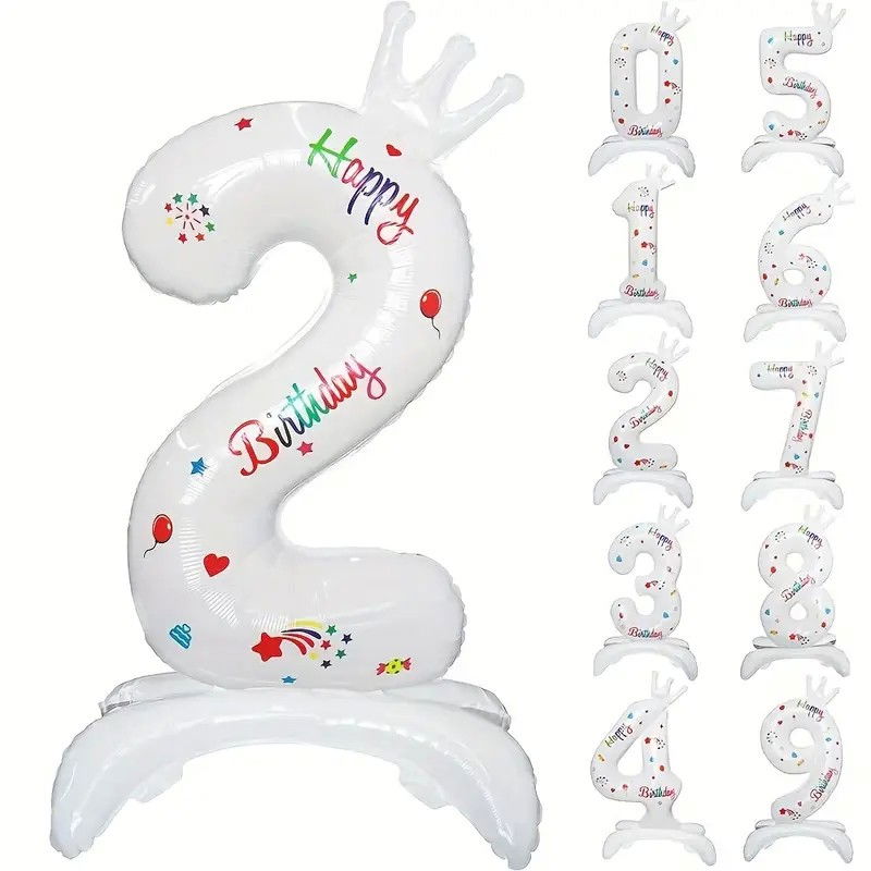 Balon din Folie Metalizata, Flippy, Figurina Cifra, Model 2 cu Happy Birthday Scris, Tema Aniversare 81 cm, Ambalaj Individual, Pai Inclus, Umflare cu Aer sau Heliu, Alb [1]