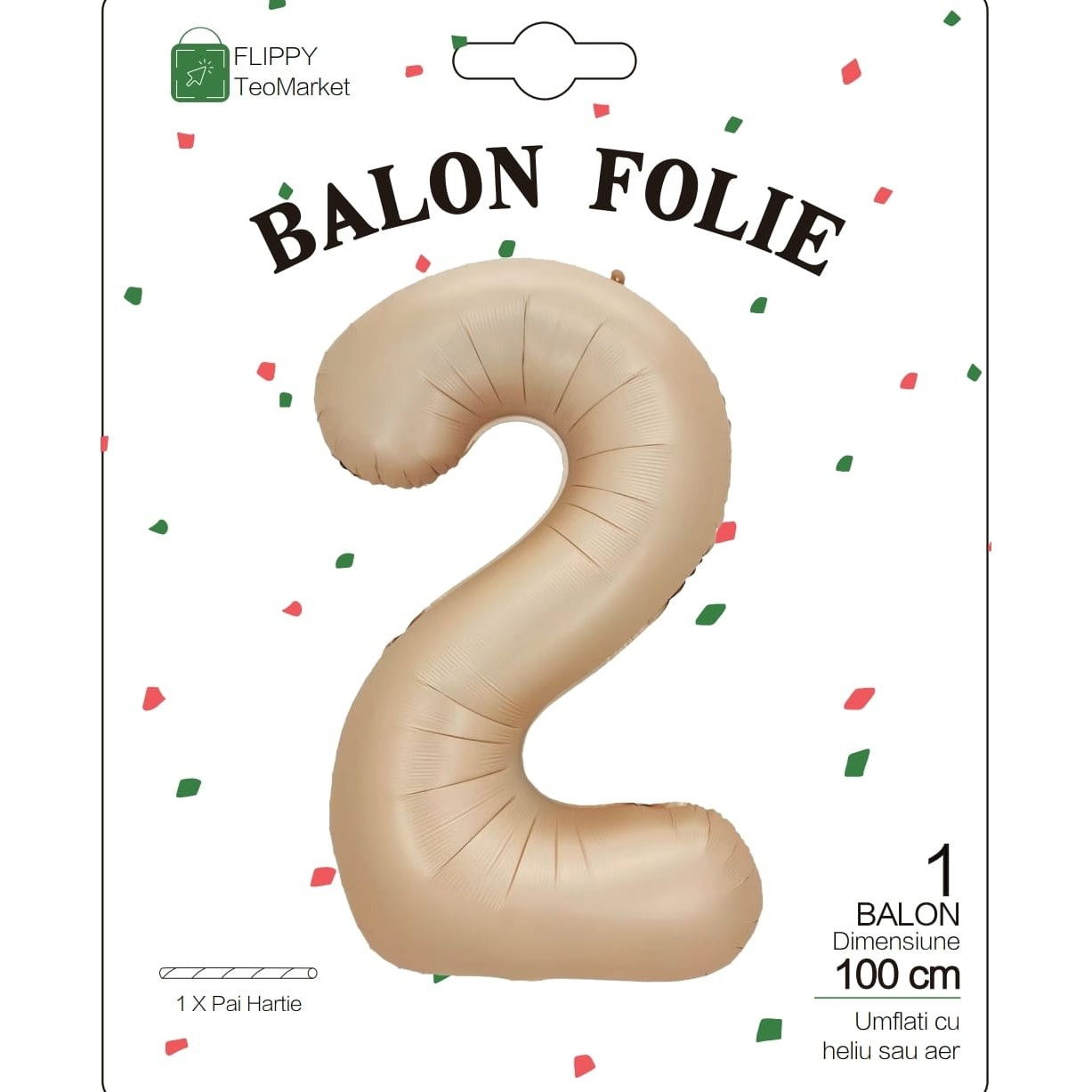 Balon din Folie Metalizata, Flippy, Figurina Cifra, Model 2, Tema Aniversare 100 cm, Ambalaj Individual, Pai Inclus, Umflare cu Aer sau Heliu, Crem [6]