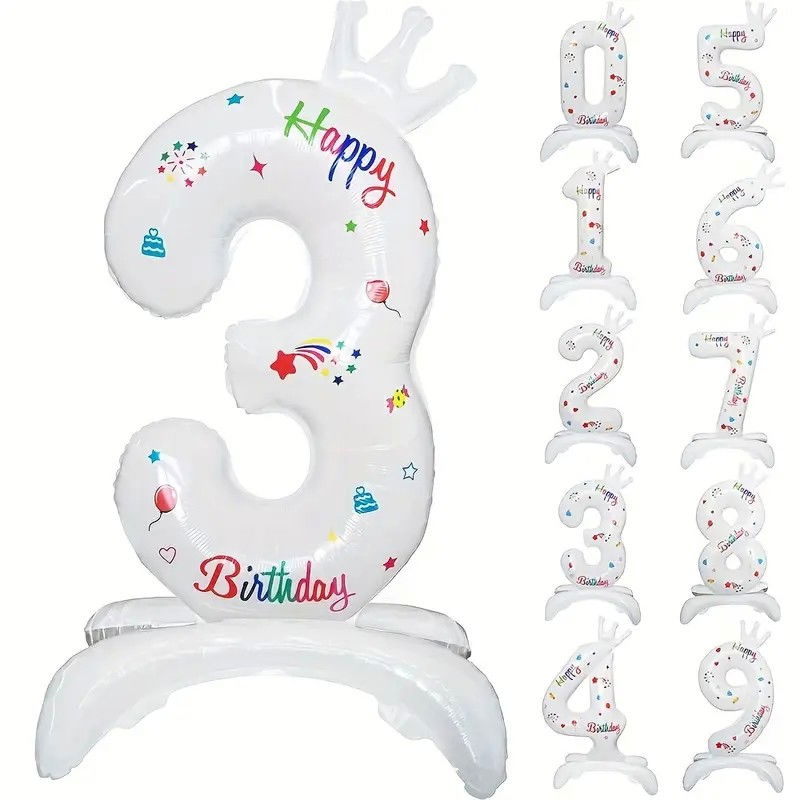 Balon din Folie Metalizata, Flippy, Figurina Cifra, Model 3 cu Happy Birthday Scris, Tema Aniversare 81 cm, Ambalaj Individual, Pai Inclus, Umflare cu Aer sau Heliu, Alb [1]