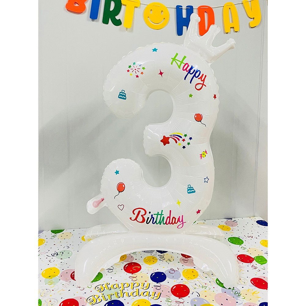 Balon din Folie Metalizata, Flippy, Figurina Cifra, Model 3 cu Happy Birthday Scris, Tema Aniversare 81 cm, Ambalaj Individual, Pai Inclus, Umflare cu Aer sau Heliu, Alb [2]
