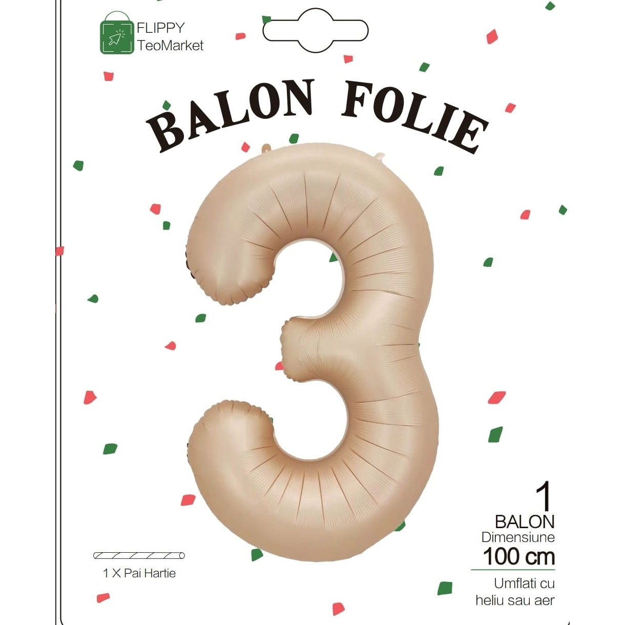 Balon din Folie Metalizata, Flippy, Figurina Cifra, Model 3, Tema Aniversare 100 cm, Ambalaj Individual, Pai Inclus, Umflare cu Aer sau Heliu, Crem [6]