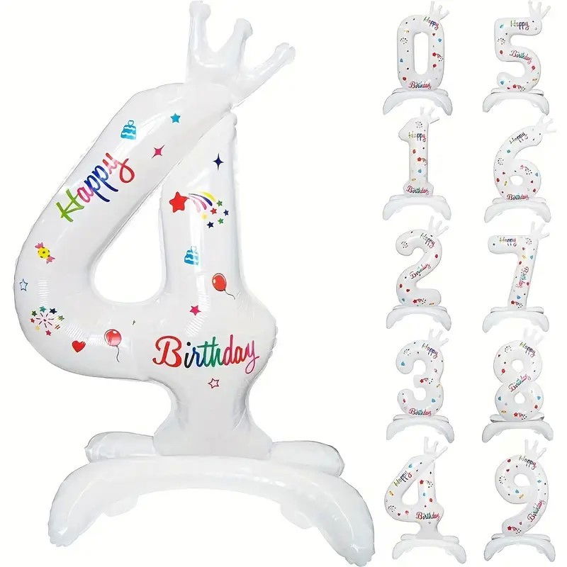 Balon din Folie Metalizata, Flippy, Figurina Cifra, Model 4 cu Happy Birthday Scris, Tema Aniversare 81 cm, Ambalaj Individual, Pai Inclus, Umflare cu Aer sau Heliu, Alb [1]